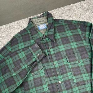 VTG Pendleton Shirt Mens L (17.5)Green Plaid Loop Collar Flannel Wool USA